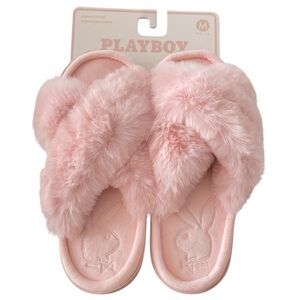 PLAYBOY Pink Fuzzy Open Toe Open Back Slippers Pink Size M NEW